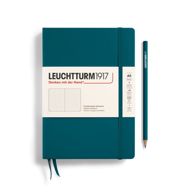 Pacific green hardcover dotted notebook with closure strap and two bookmarks.
